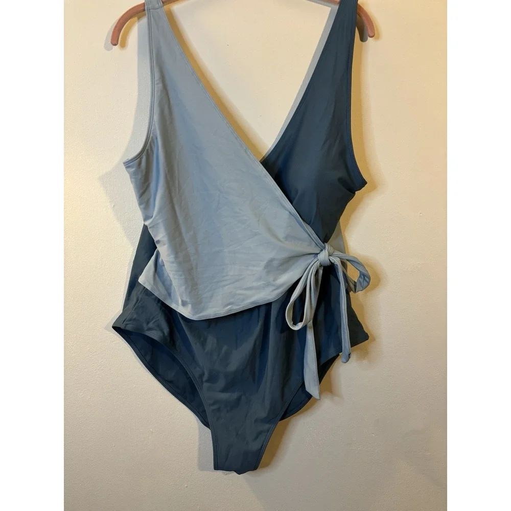 SUMMERSALT Teal Blue Colorblock The Perfect Wrap One Piece‎ Swimsuit 22 Bathing